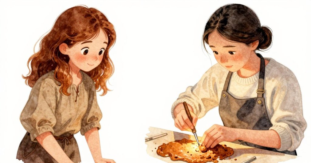 伊莉絲專注動作的雙手細緻摩擦模糊琥珀，近距離呈現粗糙沙紙與散落工具的溫暖光影