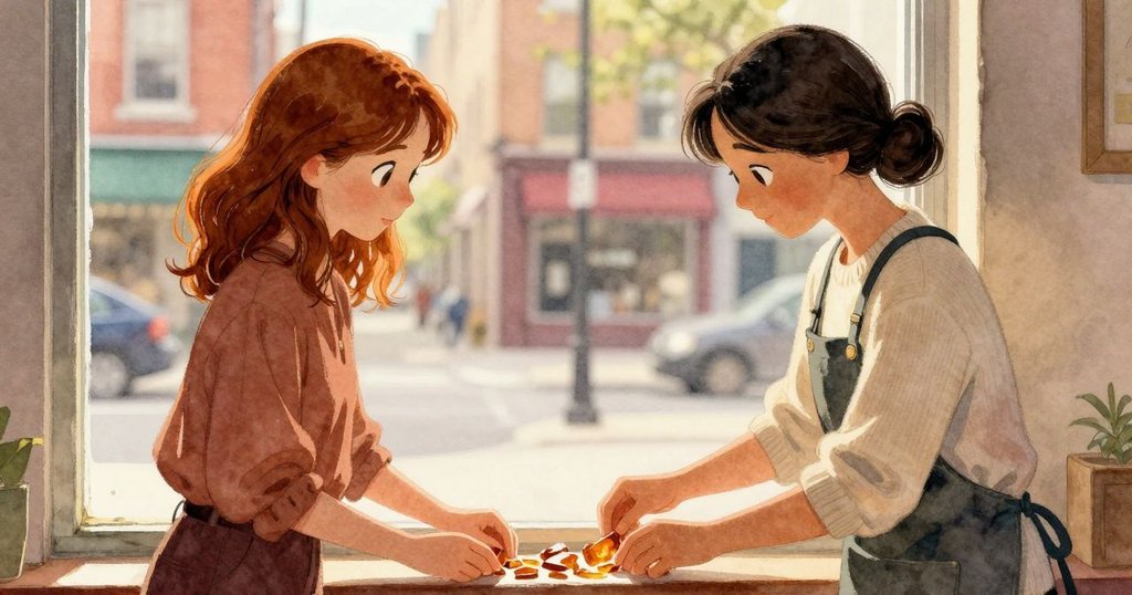 伊莉絲與赫迪在工坊新區域擺放琥珀作品，窗外大道上自行車穿梭，傍晚光線映出溫馨工作環境