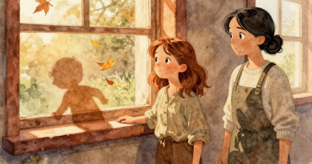 琥珀作品上方緩緩爬過屋頂影子，窗外落葉隨風起舞，呈現動態光影交織的瞬間