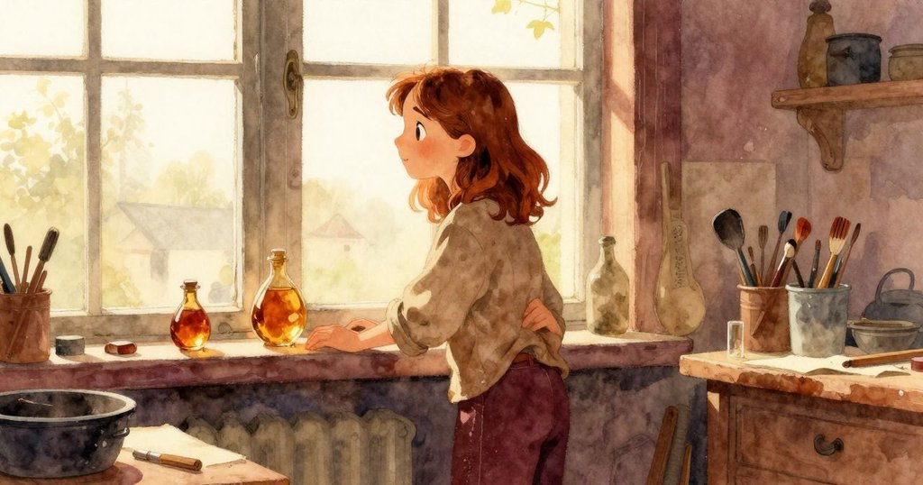 赫迪在柔和夕陽中靜靜欣賞窗台上兩塊琥珀，室內環境寧靜，象徵一天美好結束的情懷