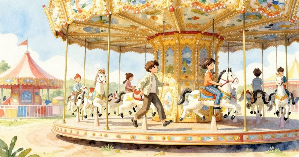 艾默里踏入旋轉木馬入口, 充滿朝氣與冒險心, 背景為明亮陽光及節日裝飾, 表情期待。