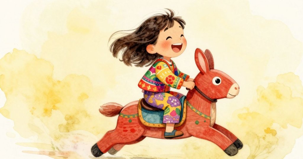 欣妮雅騎在彩繪馬上快樂大笑, 從動物視角呈現旋轉木馬緩慢轉動, 充滿魔幻氣氛。