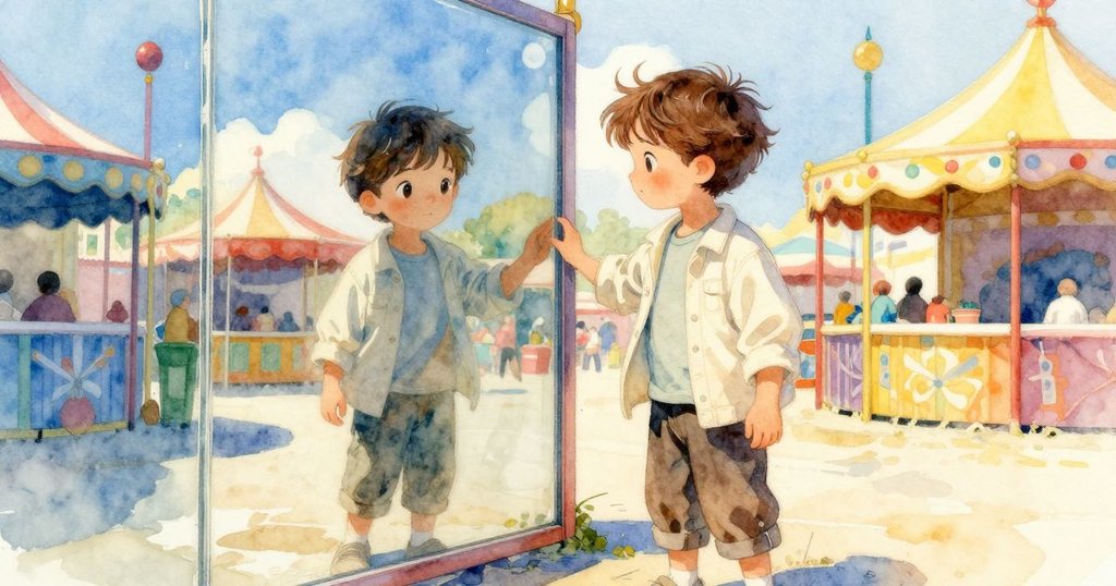 艾默里站在反射著糖果般色彩的鏡面旁, 感受嘉年華交織的光與影, 氣氛夢幻而迷人。