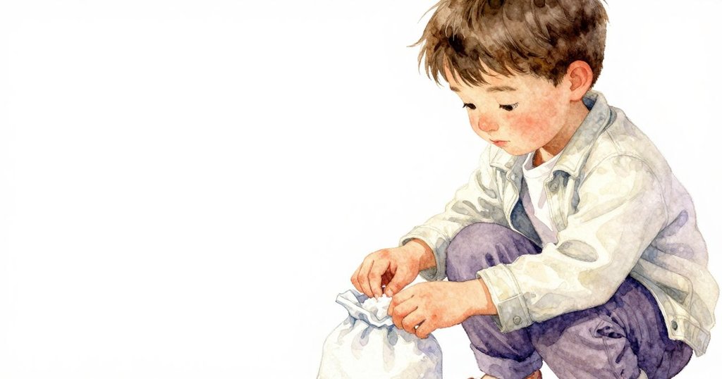 艾默里注視著玫瑰糖袋, 神情猶豫, 指尖輕觸杯緣, 呈現內心掙扎與期待的瞬間。