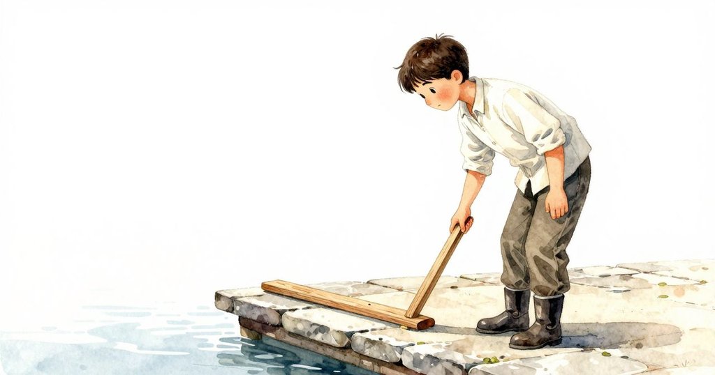 Dashiel在石頭碼頭上發現彎曲木尺，Rhea在遠處觀望，晨光映出水中倒影，充滿期待與好奇。