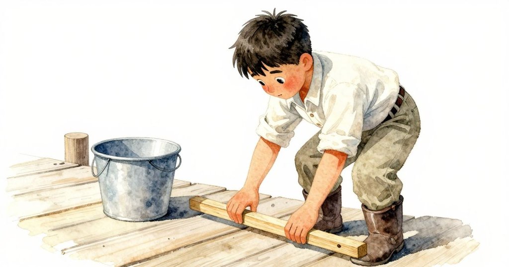 Dashiel在碼頭上試搖木尺，旁邊掛著傳統備用桶，他專注操作，背景充滿陽光與對比。