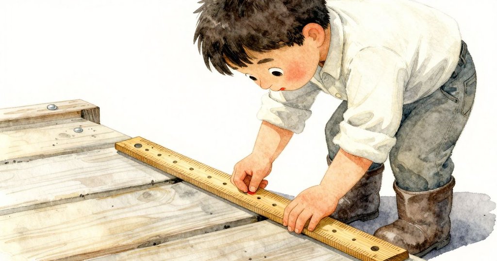 Dashiel蹲在碼頭上仔細檢查木尺彎曲的邊緣與鹽痕，手指輕觸細節，角度獨特，充滿專注。