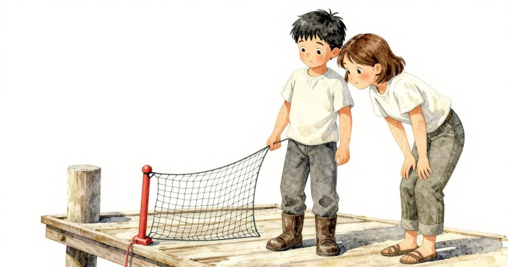 Dashiel在碼頭上調整網板，Rhea在旁好奇觀望，日光柔和過渡，展現時光流逝與專注動作。