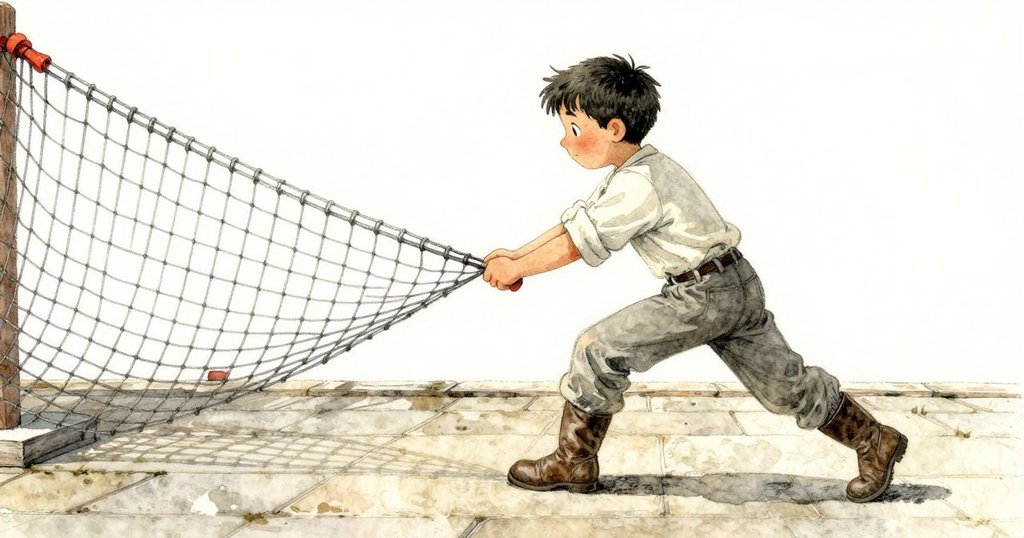 Dashiel在碼頭上快速推動網板，動作果斷，臉上表情專注，動感展現旗石細節與力量。