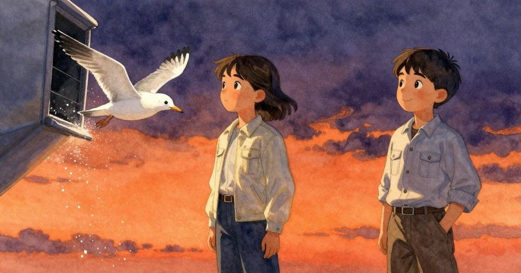 窗外一隻海鷗迅速掠過，鹽霧隨風起舞，夕陽橘色映襯下動感十足的場景