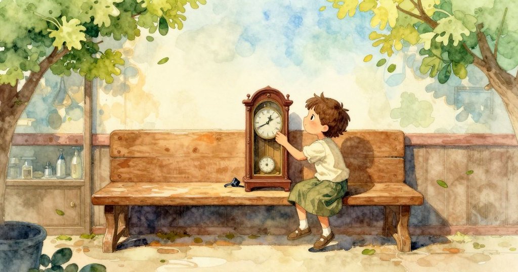 在陽光灑入的修理店中，Ella站在低凳上認真檢查老式壁爐鐘，充滿決心與溫暖細節。