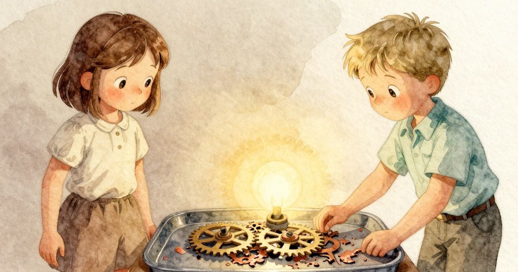 在柔和燈光下，Ella的手持刷子近距離檢查時鐘內齒輪與銅屑，細節豐富展現專注精神。