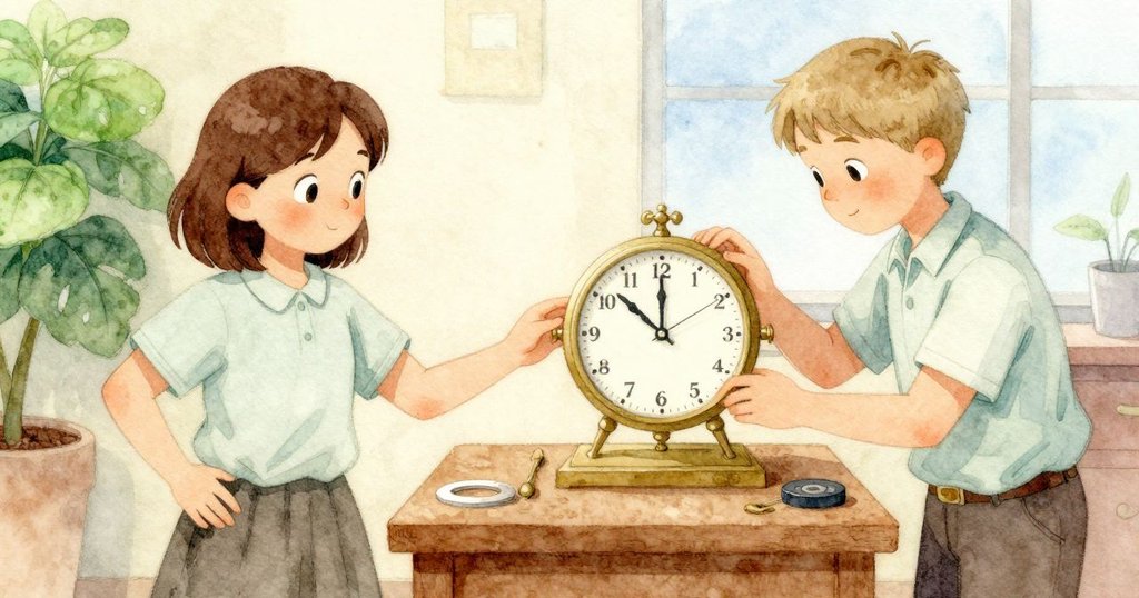 在溫暖修理店中，Ella專注操作時鐘細節，Vernon輕調燈光，形成豐富層次展現合作精神。