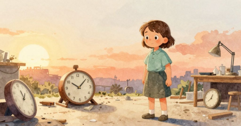 在傍晚橙光映照的修理店，Ella仔細檢查重新組裝的時鐘，動作穩重映出成功修復的平靜。