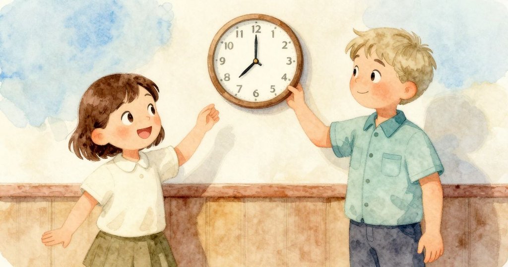 時鐘發出輕微滴答聲，Ella與Vernon在修理店中面帶微笑慶祝，溫暖燈光映出成功喜悅。