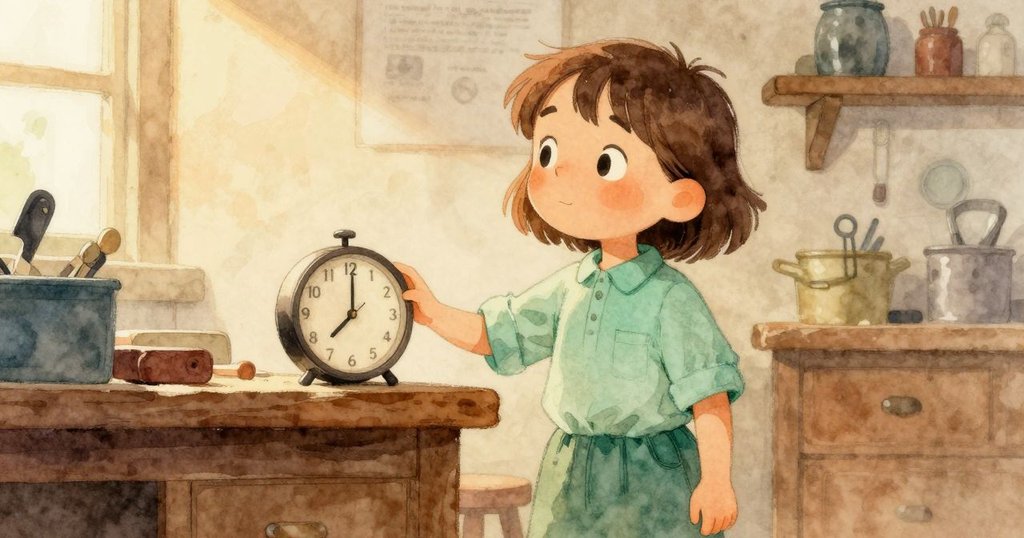 在柔和光線下，Ella將滴答作響的時鐘輕置工作台上，神情沉思中透露未來修復新篇章的希望。