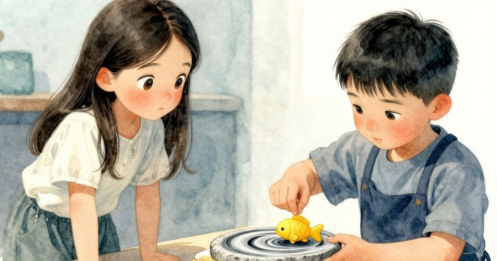 石盤上墨汁旋渦與木凳上橡膠魚仔細呈現，細節生動散發藝術創作魅力