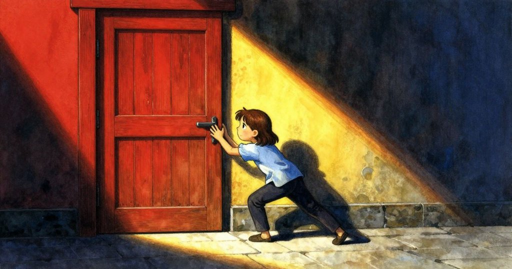 Sylvie 推開厚重木門走進階梯, 強烈的琥珀光線與重疊的陰影營造出神秘氛圍, 表情堅定, 敘事開端