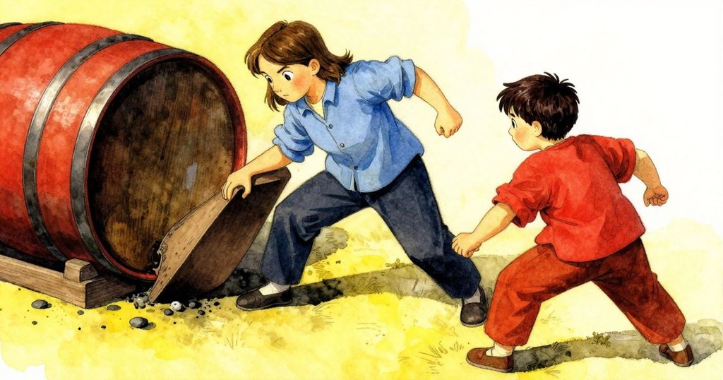 Dana 小心將楔子插入漏水木桶, Sylvie 注視動作, 角度傾斜的光線穿透地窖, 表情謹慎, 敘事推向高潮