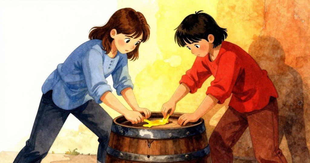 Sylvie 與 Dana 密切合作封住木桶漏水, 彼此互動專注, 灰黃色燈光映照下協同作業, 表情認真, 敘事邁向解決階段