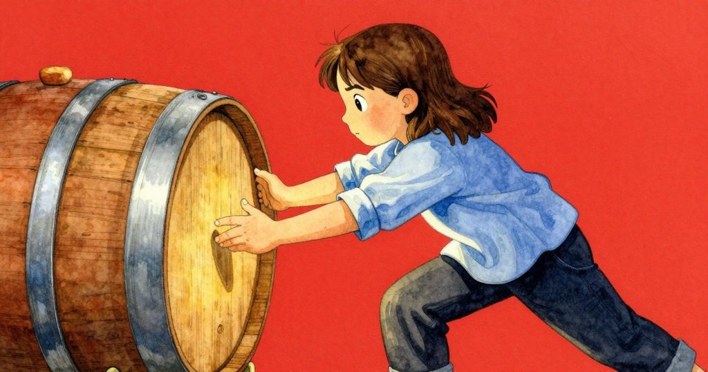 Sylvie 接續敲打另一木桶, 手勢精確有節奏, 近鏡展現動作細節, 表情專注, 故事留有懸念繼續延伸