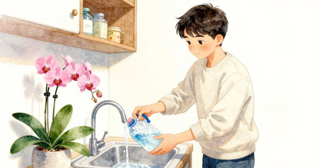 肯特在小廚房裡於瓷質水槽邊灌水，水流聲與旁邊蘭花形成安靜溫馨的生活片刻