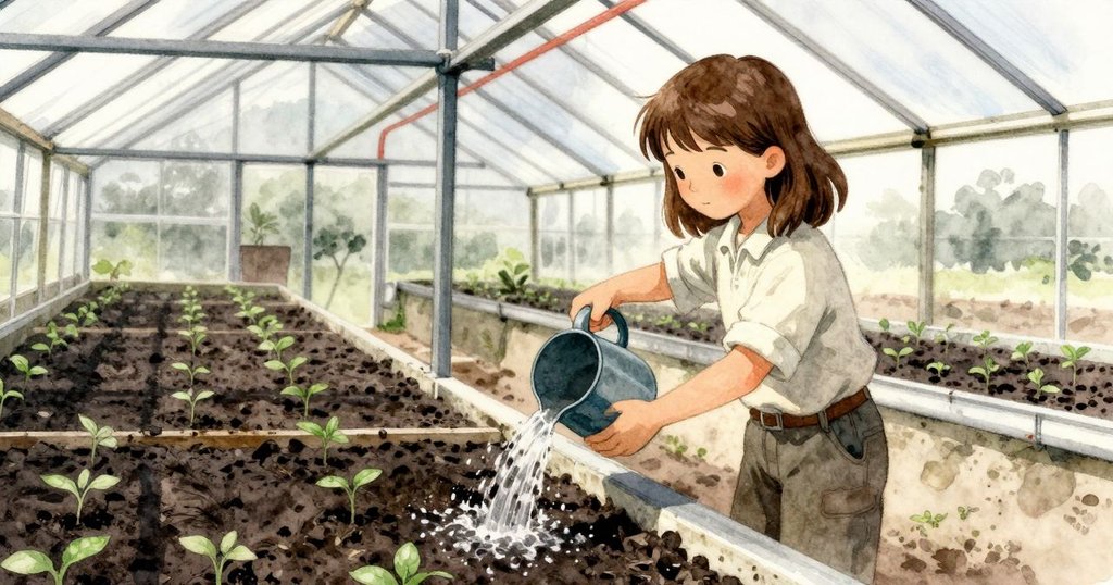 Vivian 倒水於溫室中, 平靜神情, 植物與機械細節展現早晨氛圍, 故事靜謐開始。