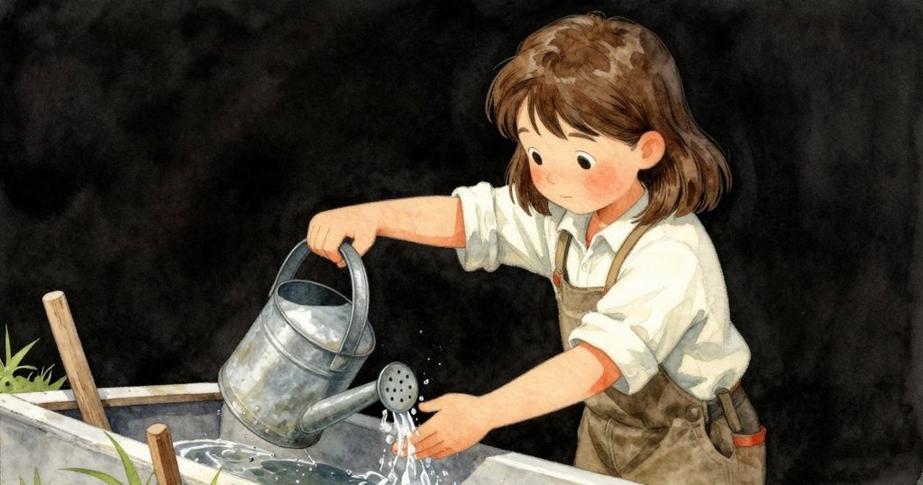 Vivian 的手細心倒水, 舊水壺及濕雜誌與木棍細節展現溫室歷史氛圍, 故事逐步展開。