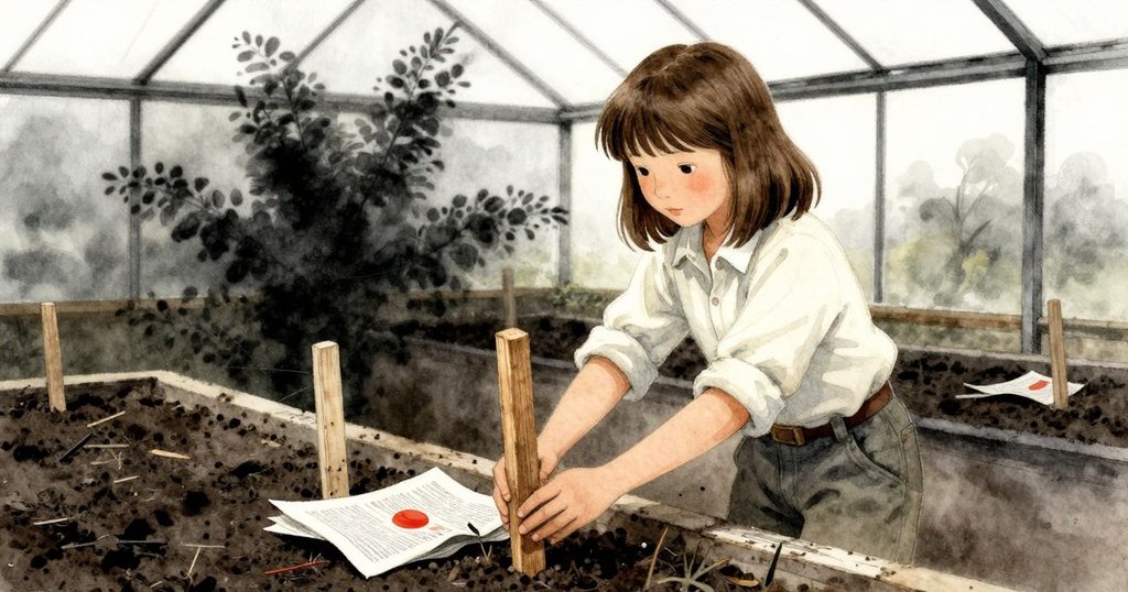 Vivian 整理舊木棍與濕雜誌, 柔和光線中呈現回憶氛圍, 展示溫室中物品新舊交織的細節。