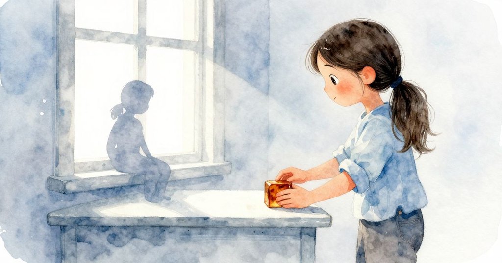 辛尼亞在明亮房間窗邊，剪影中輕觸琥珀痕跡，展現探索初始的專注與溫暖