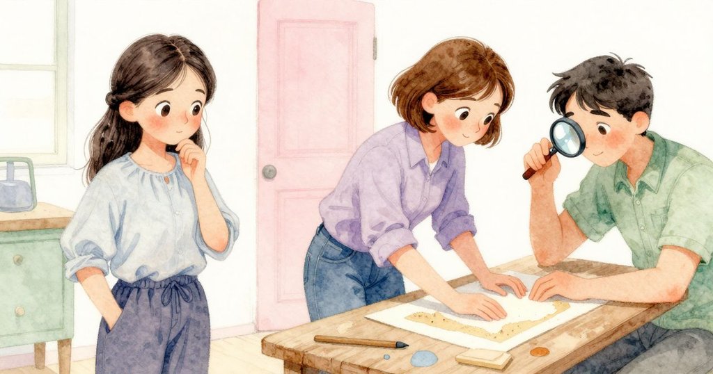 辛尼亞與山姆在室內工作桌邊，辛尼亞輕放粗砂紙，山姆專注調整放大鏡，空間留白衬托細節