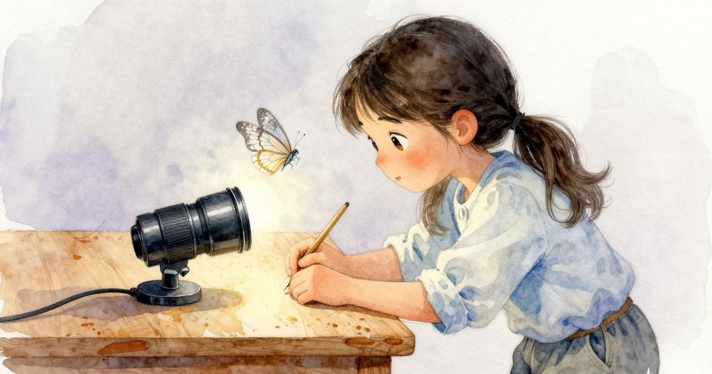 辛尼亞運用備用透鏡照射琥珀，光線折射出隱藏昆蟲翅膀紋理，特寫呈現工桌細節