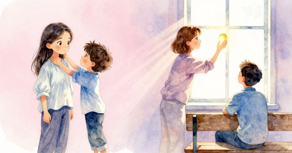 辛尼亞舉起發光琥珀於窗邊，昆蟲翅膀細節清晰映現，山姆凝視表示讚賞，新發現邁向未來