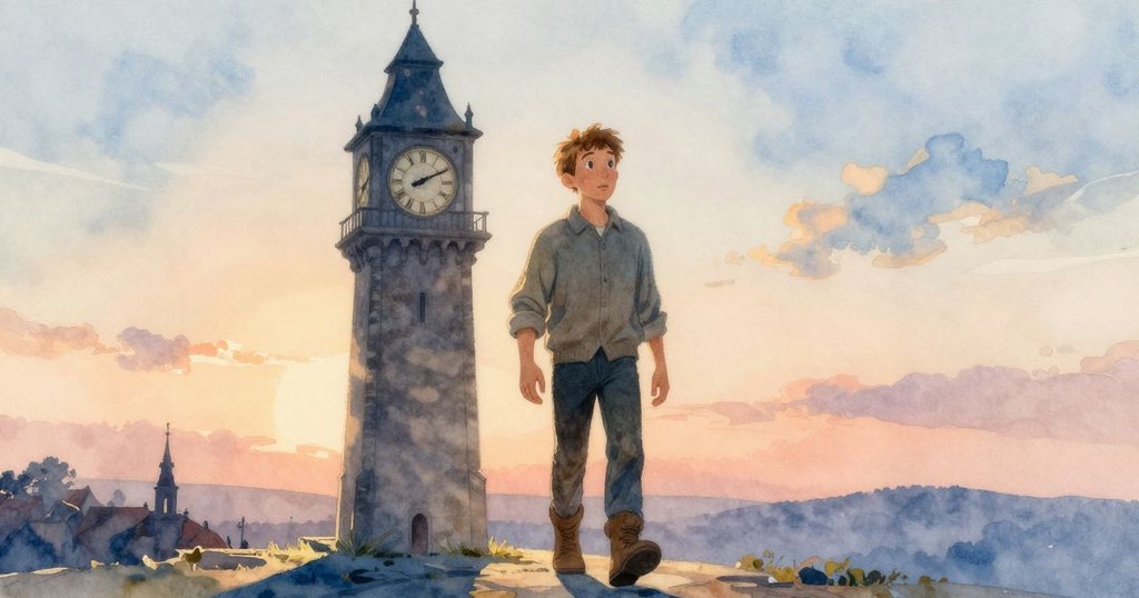 男主角在晨曦中接近古老鐘樓入口，陽光灑落石門，充滿希望與期待的氣氛