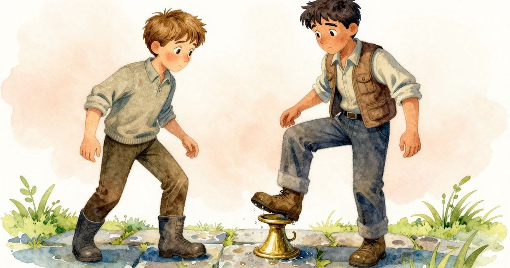 男主角的靴子踩在潮濕光滑石板上，水珠閃爍，展現冰冷與微暖交織的瞬間