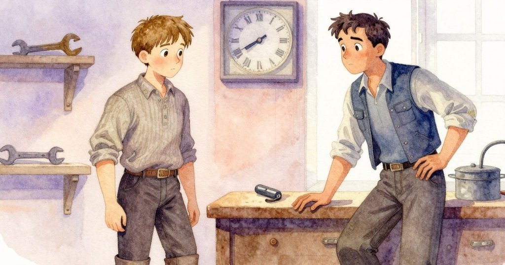 工作間回憶色調中，工具架上擺放的歪斜扳手與發熱鑰匙流露神秘，似有人觸動過