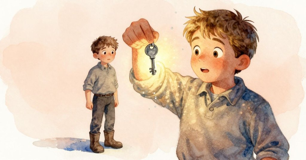 男主角舉起散發溫暖的鑰匙，臉上流露出驚訝與好奇，細膩描繪出每個水珠與機械節拍