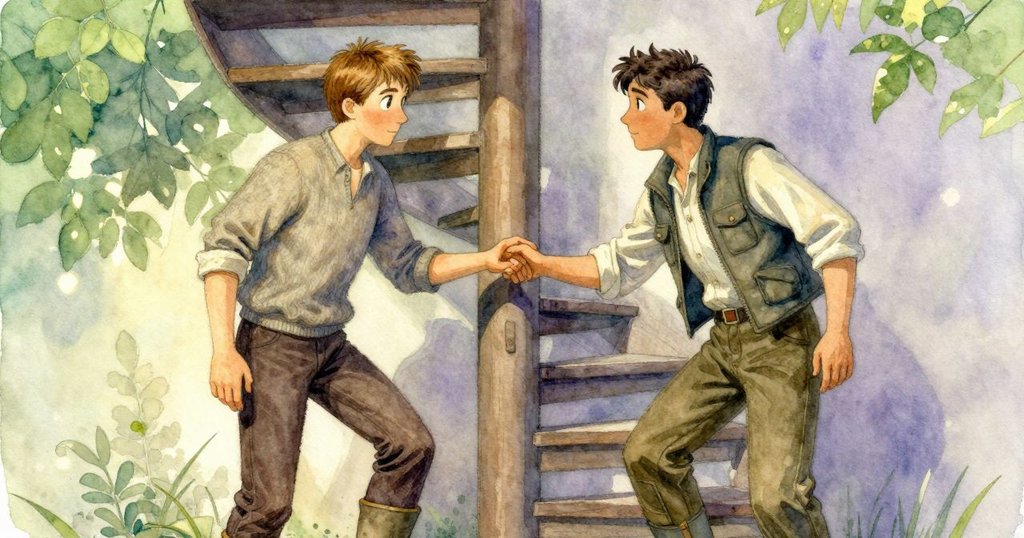 螺旋樓梯上，兩位男士互遞援手，互相點頭致意，燈光交錯中傳達信任與默契