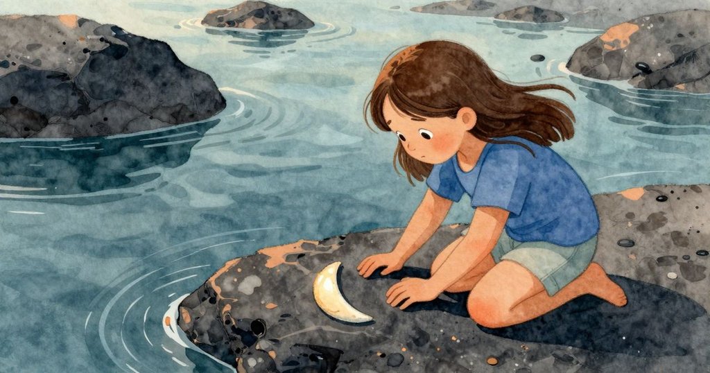 法拉在海邊潮池旁跪下，仔細檢視石頭上閃光的半月印記，展現好奇與溫暖的海岸風情