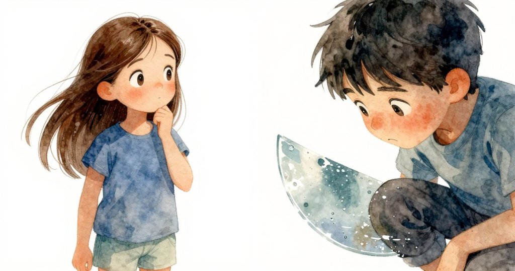 法拉近距離注視潮池上閃亮的印記，臉上流露出驚奇與專注，捕捉自然海岸中細膩情感