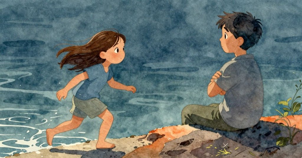 丹從岩嶺邊緩步而來，守望正調整姿勢的法拉，展現出海邊過渡時刻的溫暖與警覺