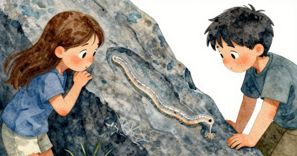 細節畫面中透明的蠕蟲在潮池岩壁上移動，每次收縮帶起微小沙粒，顯示自然界精緻動態美