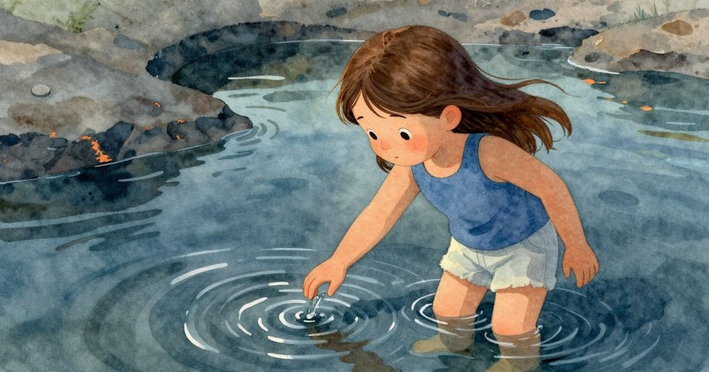 法拉輕觸潮池水面，水波映出蠕蟲迴圈軌跡，平靜氛圍中透露出柔和午後光彩與內心感懷