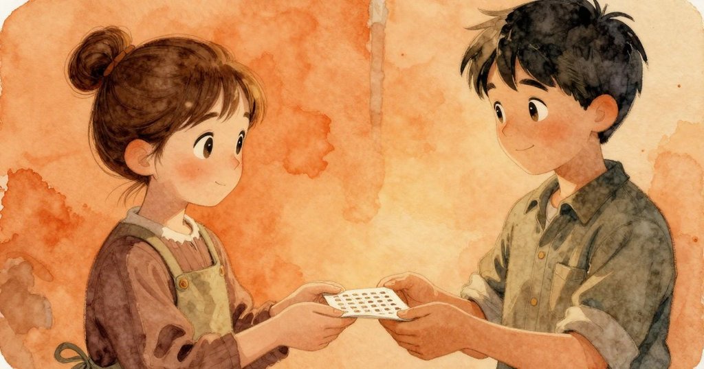 約里克將新梭卡遞給朱麗葉，陽光輕輕照亮卡片細節，兩人互動充滿細膩信任與溫暖感