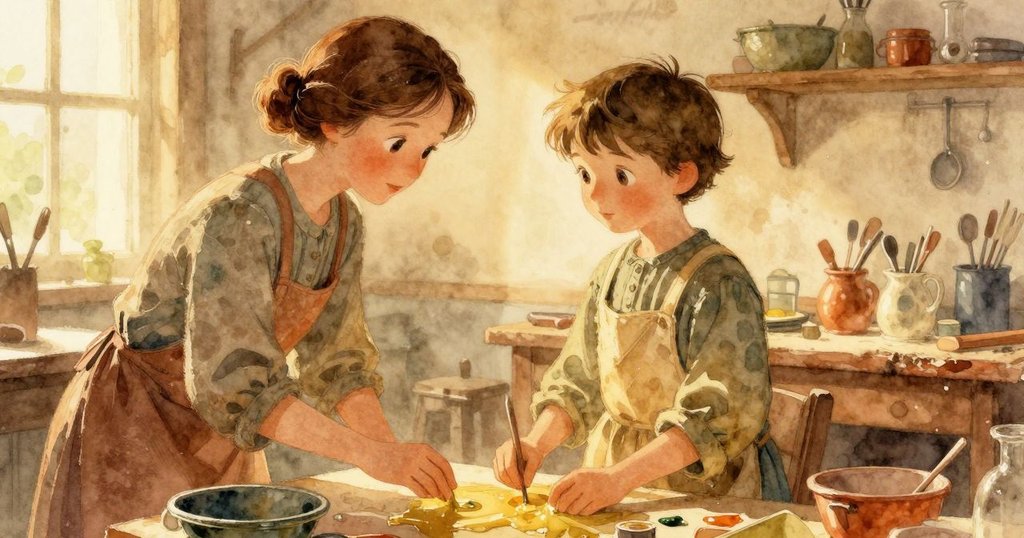 朱麗葉在記憶色調中輕拭油跡，背景隱現昔日喧嘩與熟悉工坊氣息，充滿柔和懷舊感