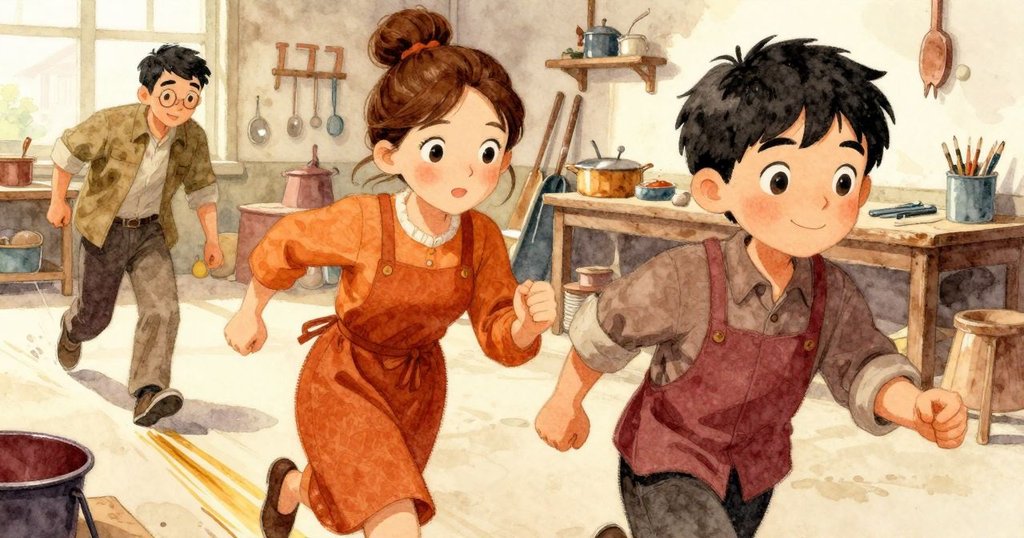 朱麗葉急速追尋失落梭卡，目光堅定沿著油跡奔走，約里克在後方支持，工作坊內工具與線軸散布四周