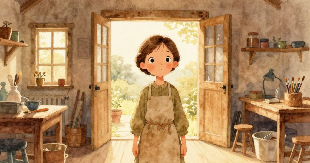 朱麗葉站在開啟的門旁，平靜注視遠方，工作坊在溫暖夕陽下彌漫寧靜，展示一天工作完滿結束的氛圍