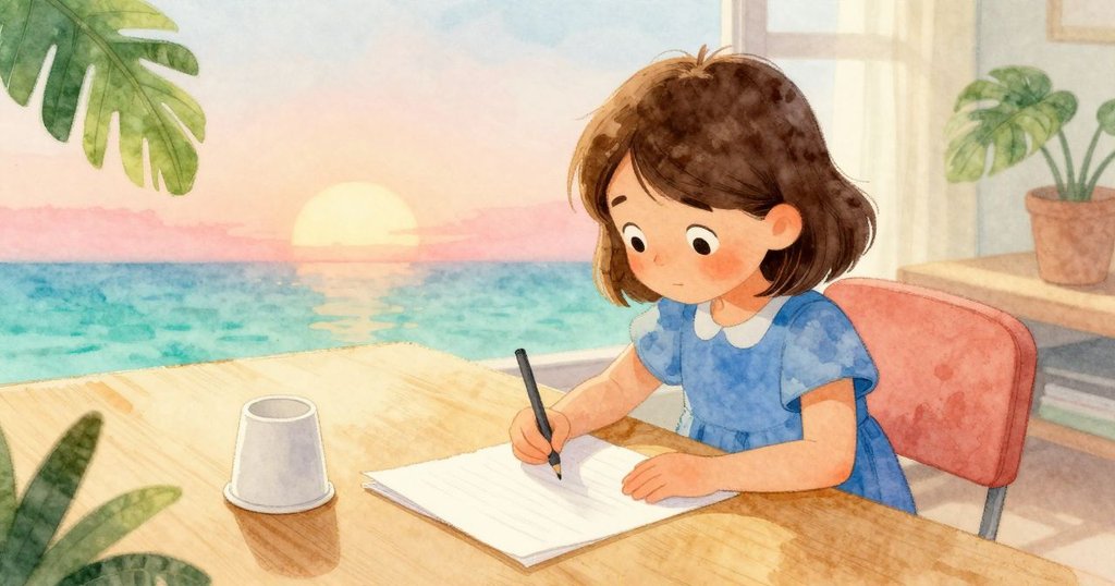 法拉在工作桌上製作摺紙, 從上方看見翻轉杯、紙堆與抽屜, 氣氛溫暖而寧靜