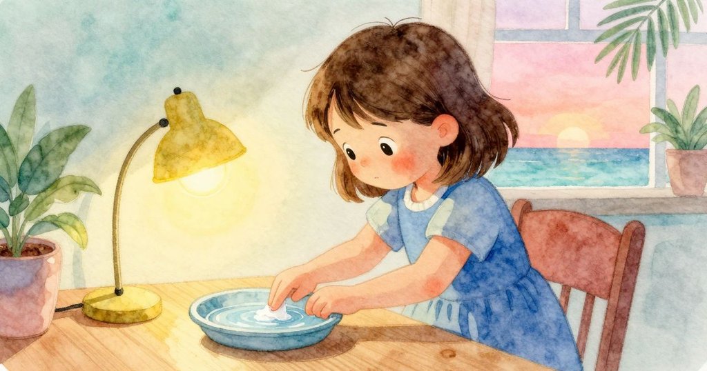 法拉在另一空間中關注水盤, 輕輕濕潤指尖, 與摺紙過程中的滴答聲產生呼應, 溫馨室內場景