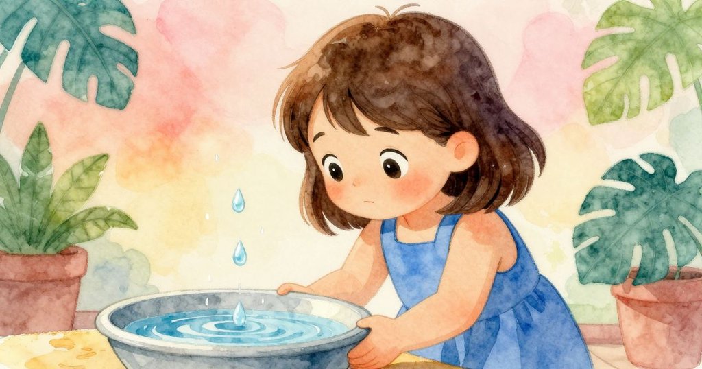 法拉驚訝地注視水滴落下, 面部表情充滿好奇與驚喜, 與滴水聲共鳴, 工作室中溫暖光線